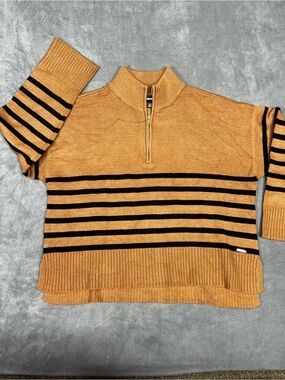 DKNY woman’s Mustard and Black Striped Zip Sweater